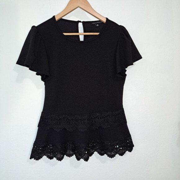 Haute Monde Blouse Plus Waist Lace Short Sleeve Black Color Size M Preowned - Picture 1 of 9